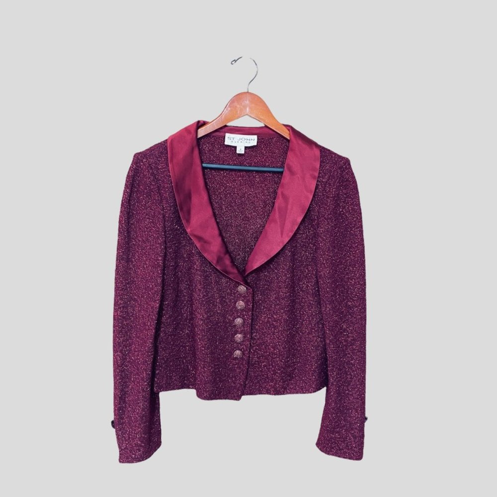 St. John Evening Womens Blazer Jacket Size 8 Red Wine Sparkling Crop Santana Kni